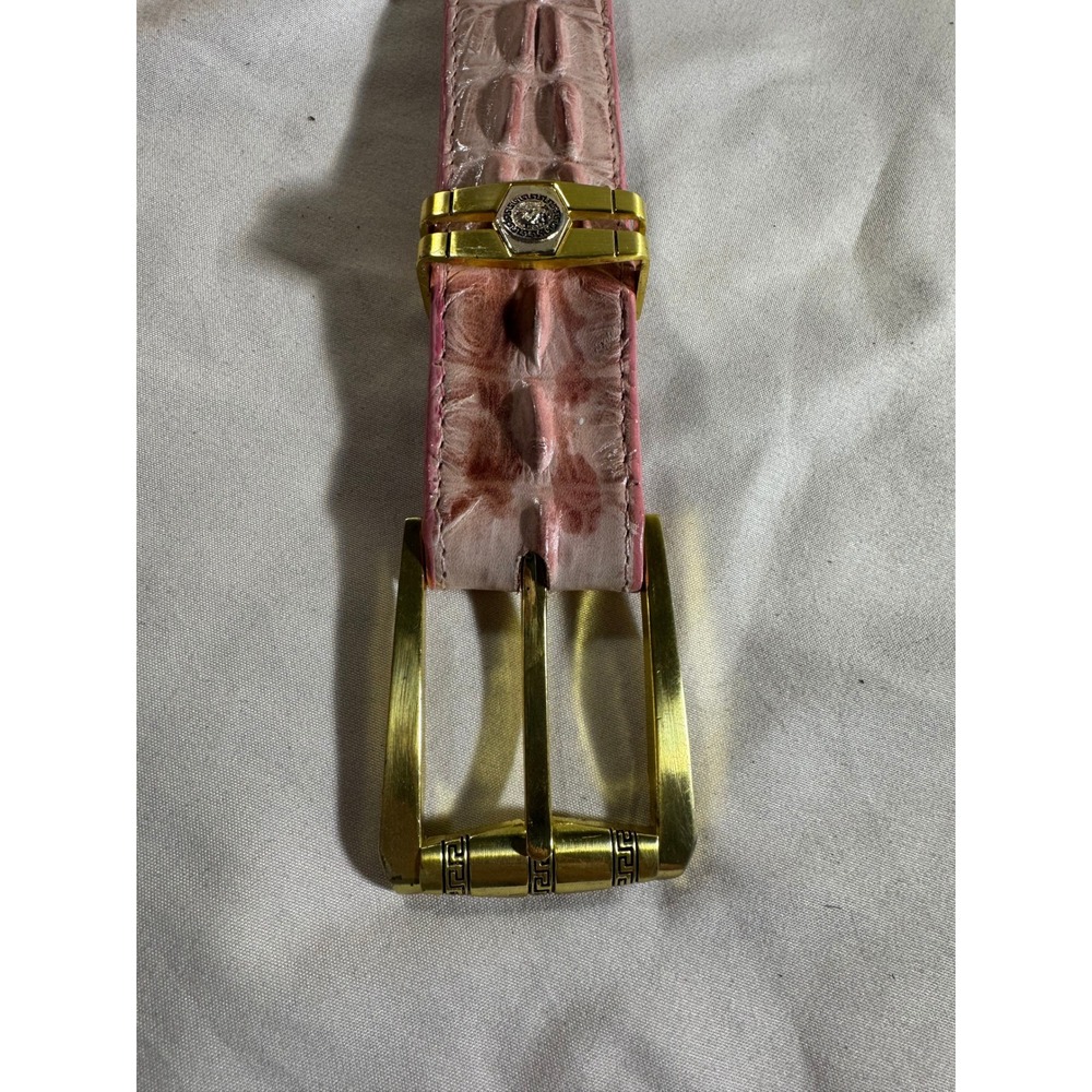 Versace Style Pink Crocodile Embossed Leather Belt Gold Medusa Greek Key Buckle